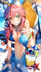 Rule 34 | 10s, 1girl, :3, absurdres, all fours, animal ears, barefoot, beach, beach umbrella, bead necklace, beads, beer mug, bikini, blue bikini, blush, breasts, cleavage, cloud, cocktail umbrella, cup, day, eyebrows, fate/extra, fate/grand order, fate (series), feeding, food, foreshortening, fox ears, fox tail, fruit, hair over shoulder, hanging breasts, highres, holding, holding spoon, ice cream, ice cream spoon, incoming food, jewelry, kneeling, large breasts, lime (fruit), lime slice, long hair, looking at viewer, low ponytail, lu&quot;, mug, necklace, ocean, on ground, orange (fruit), orange slice, outdoors, pink hair, pov feeding, sand, seashell, shade, shell, shiny skin, side-tie bikini bottom, side ponytail, sidelocks, solo, sparkle, spoon, starfish, strawberry, string bikini, sunlight, swimsuit, tail, tamamo (fate), tamamo no mae (fate/extra), tamamo no mae (swimsuit lancer) (fate), umbrella, wet, wrist cuffs, yellow eyes
