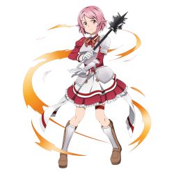 Rule 34 | 1girl, apron, armor, boots, breastplate, brown footwear, faulds, freckles, frilled skirt, frills, full body, hair ornament, hairclip, highres, holding, holding weapon, knee boots, lisbeth (sao), looking at viewer, miniskirt, neck ribbon, official art, pauldrons, pink eyes, pink hair, pleated skirt, red shirt, red skirt, ribbon, shirt, short hair, shoulder armor, skirt, solo, standing, striped, striped ribbon, sword art online, thigh strap, transparent background, waist apron, weapon, white apron