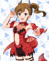 Rule 34 | 1girl, brown eyes, brown hair, card (medium), dragon girl, dragon horns, dragon tail, futami mami, horns, idolmaster, idolmaster million live!, idolmaster million live! theater days, navel, official art, open mouth, short shorts, shorts, side ponytail, solo, tail