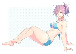 Rule 34 | 1girl, ahoge, alternate costume, aoba (kancolle), barefoot, bikini, blue background, blue bikini, blue eyes, breasts, cleavage, commentary request, full body, hair ornament, hair scrunchie, highres, kantai collection, medium breasts, messy hair, open mouth, polka dot, polka dot background, ponytail, purple hair, reclining, scrunchie, short ponytail, simple background, sitting, solo, string bikini, swimsuit, white background, yuuji (and)