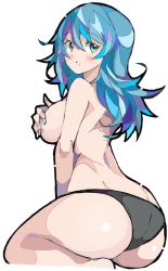 Rule 34 | 1girl, ass, black panties, blue eyes, blue hair, breasts, butt crack, byleth (female) (fire emblem), byleth (fire emblem), covering breasts, covering privates, enpe, fire emblem, fire emblem: three houses, from side, highres, huge ass, large breasts, looking back, nintendo, open mouth, panties, simple background, solo, topless, underwear, underwear only, white background