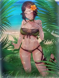 Rule 34 | 1girl, beach, bikini, black hair, blue eyes, breasts, day, fire emblem, fire emblem awakening, fire emblem heroes, flower, grass, hair flower, hair ornament, highres, large breasts, looking at viewer, nintendo, noire (fire emblem), ocean, one eye closed, outdoors, palm leaf, sandals, smile, solo, swimsuit, thighs, tusia