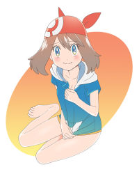 Rule 34 | 1girl, amada, blue eyes, blue jacket, bottomless, breasts, brown hair, collarbone, creatures (company), eyelashes, game freak, holding, jacket, large breasts, looking at viewer, may (pokemon), naked hood, nintendo, pokemon, pokemon (anime), pokemon rse (anime), short hair, solo, thighs