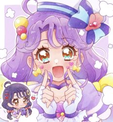 Rule 34 | 1girl, ahoge, aqua eyes, blush, bow, bow earrings, brown eyes, choker, commentary request, cure coral, earrings, facial mark, fingerless gloves, gloves, hair ornament, hairclip, hat, heart, heart facial mark, jewelry, magical girl, multicolored eyes, nakatsu (pr nagom), open mouth, precure, purple choker, purple hair, sailor hat, smile, solo, suzumura sango, thick eyelashes, tropical-rouge! precure, twintails, white gloves