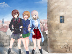 Rule 34 | 3girls, :d, arm grab, bad id, bad twitter id, belt, black belt, black footwear, black jacket, black neckwear, blue coat, blue jacket, blue sky, blush, boots, brick wall, brown eyes, brown hair, building, buttons, casual, closed eyes, cloud, cloudy sky, coat, combat boots, commentary, dated, day, double-breasted, dress shirt, eno (mauritz stiller), epaulettes, girl sandwich, girls und panzer, green skirt, grey legwear, grey scarf, grey shirt, grey skirt, hand on own hip, itsumi erika, jacket, locked arms, long sleeves, looking at another, military, military uniform, miniskirt, multiple girls, necktie, niedersachsen military uniform, nishizumi maho, nishizumi miho, ooarai school uniform, open mouth, outdoors, plaid, plaid skirt, pleated skirt, red skirt, sailor collar, sandwiched, scarf, school uniform, shirt, short hair, siblings, side-by-side, sisters, skirt, sky, smile, socks, standing, uniform, white shirt, wing collar, winter uniform, zipper