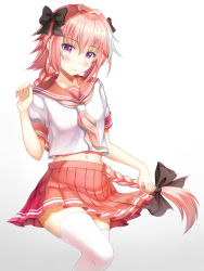 Rule 34 | 1boy, astolfo (fate), astolfo (sailor paladin) (fate), black bow, blush, bow, braid, closed mouth, collarbone, eroge- (artist), fate/grand order, fate (series), floating hair, gradient background, grey background, hair between eyes, hair bow, hair intakes, hand up, head tilt, highres, leg up, long hair, looking at viewer, male focus, medium skirt, midriff, multicolored hair, nail polish, navel, neckerchief, official alternate costume, pink hair, pink nails, pink neckerchief, pleated skirt, purple eyes, red sailor collar, red skirt, sailor collar, short sleeves, sidelocks, single braid, skirt, skirt hold, smile, solo, standing, standing on one leg, streaked hair, thighhighs, trap, very long hair, white background, white hair, white thighhighs, zettai ryouiki