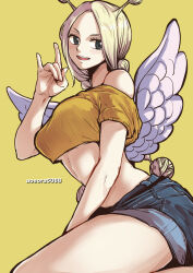 Rule 34 | 1girl, angel wings, antenna hair, aosora2823, blonde hair, braid, breasts, conis (one piece), denim, denim shorts, grey eyes, highres, jeans, medium breasts, medium hair, midriff, one piece, pants, shirt, shorts, smile, solo, strapless, white shirt, wings, yellow background