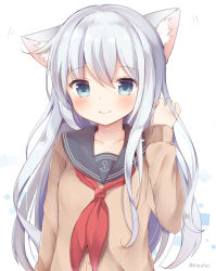 Rule 34 | 10s, 1girl, anchor symbol, animal ears, artist name, bad id, bad pixiv id, blazer, blush, brown jacket, buttons, cardigan, cat ears, closed mouth, collarbone, ear wiggle, eyebrows, hand in own hair, hibiki (kancolle), jacket, kantai collection, kemonomimi mode, long hair, long sleeves, looking at viewer, masayo (gin no ame), motion lines, neckerchief, school uniform, serafuku, simple background, smile, solo, upper body, white background