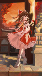 Rule 34 | 1girl, absurdres, bare shoulders, bow, brown eyes, brown hair, detached sleeves, frilled skirt, frills, full body, gohei, hair between eyes, hair bow, hair tubes, hakurei reimu, highres, holding, holding gohei, japanese clothes, long hair, longwatry, nontraditional miko, open mouth, orb, red bow, red skirt, ribbon-trimmed sleeves, ribbon trim, shoes, sidelocks, skirt, socks, solo, touhou, white footwear, white sleeves, white socks, wide sleeves, yin yang, yin yang orb