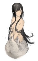 Rule 34 | 10s, 1girl, black hair, blunt bangs, breasts, brown eyes, collarbone, covering privates, covering crotch, granblue fantasy, hair censor, hair over breasts, hanarito, hip bones, jessica (granblue fantasy), large breasts, long hair, looking at viewer, nude, own hands together, simple background, smile, solo, upper body, very long hair, white background