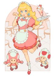 Rule 34 | 1girl, alternate costume, apron, back bow, blonde hair, blue eyes, bow, cake, cake slice, chair, clenched hand, clogs, dress, earrings, floor, food, frilled apron, frills, hand up, heart, jewelry, jivke, looking at viewer, maid, maid apron, maid headdress, mario (series), milkshake, nintendo, one eye closed, plate, princess peach, socks, spoon, standing, standing on one leg, star (symbol), table, tile floor, tiles, toad (mario), toadette, tray, wrist cuffs