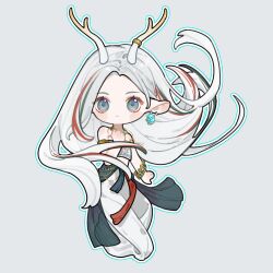 Rule 34 | 1girl, 2236830622, a deer of nine colors, antlers, arknights, bangle, bare shoulders, bracelet, chibi, closed mouth, earrings, floating hair, forehead, grey background, grey eyes, grey hair, hand up, highres, horns, jewelry, long hair, looking at viewer, multicolored hair, nine-colored deer, outline, procreate (medium), red hair, simple background, skirt, solo, streaked hair, very long hair, white outline, white skirt