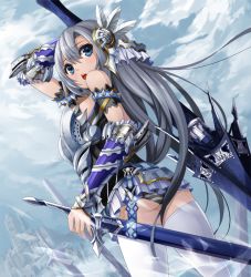 Rule 34 | armlet, armor, ass, bare shoulders, bikini, blue eyes, dutch angle, hair ornament, looking back, miniskirt, open mouth, original, panties, polearm, pondel, side-tie bikini bottom, silver hair, skirt, solo, striped clothes, striped panties, swimsuit, sword, thighhighs, underwear, weapon, white thighhighs
