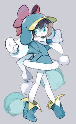 Rule 34 | 1girl, amiami, animal, animal hat, bird, blue eyes, blue footwear, blue hat, boots, bow, brown hair, fur-trimmed sleeves, fur trim, gloves, grey background, hat, hat bow, highres, open mouth, original, penguin, red bow, scarf, short hair, simple background, sketch, solo, white gloves, white legwear, white scarf, winter clothes