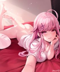 Rule 34 | 1girl, ahoge, artist name, ass, barefoot, bed sheet, bottomless, breasts, earrings, hair ornament, hairclip, head rest, highres, jewelry, legs up, long hair, looking at viewer, lying, medium breasts, no panties, on stomach, original, parted lips, pillow, pink eyes, pink hair, selfie, shirt, short sleeves, sidelocks, smile, solo, white shirt, x hair ornament, zerocat