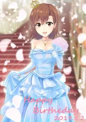 Rule 34 | 1girl, 2019, :d, blue dress, blue gloves, blurry, blurry background, bouquet, brown eyes, brown hair, collarbone, crown, dated, dress, earrings, elbow gloves, flower, gloves, hair between eyes, happy birthday, highres, holding, holding bouquet, jewelry, k3rd, layered dress, long dress, looking at viewer, medium hair, mini crown, misaka mikoto, necklace, open mouth, petals, pink flower, pink rose, rose, skirt hold, sleeveless, sleeveless dress, smile, solo, stairs, standing, strapless, strapless dress, toaru majutsu no index, wedding dress