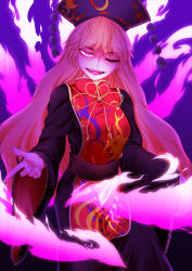 Rule 34 | 0-den, 1girl, absurdres, black dress, blonde hair, chinese clothes, dress, evil smile, fox tail, gradient background, hat, highres, junko (touhou), long hair, long sleeves, looking at viewer, multiple tails, one eye closed, open mouth, pink eyes, ribbon, sash, smile, solo, tabard, tail, touhou, wide sleeves