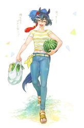 Rule 34 | 1girl, animal ears, bag, belt, black hair, breasts, carrying, carrying under arm, closed eyes, denim, food, fruit, full body, hair ornament, highres, holding, holding bag, horse ears, horse girl, horse tail, jeans, katsuragi ace (umamusume), midriff, multicolored hair, navel, new (new21u), open mouth, pants, ponytail, sandals, shirt, short hair, short sleeves, small breasts, smile, solo, streaked hair, striped clothes, striped shirt, tail, toes, toned, translation request, twitter username, umamusume, wading, watermark, watermelon