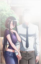 Rule 34 | 1boy, 1girl, black hair, breasts, couple, denim, closed eyes, faceless, faceless male, hetero, husband and wife, jeans, large breasts, long hair, lowres, official art, pants, ponytail, purple shirt, ryoba aishi, shirt, yandere, yandere simulator