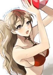 Rule 34 | 1girl, absurdres, arms up, ball, beachball, bikini, braid, breasts, brown eyes, dated, hair between eyes, highres, holding, holding ball, kantai collection, large breasts, light brown hair, long hair, looking at viewer, one-hour drawing challenge, one side up, open mouth, red bikini, side braid, simple background, solo, swimsuit, toriniku senshi chikinman, twitter username, upper body, zara (kancolle)