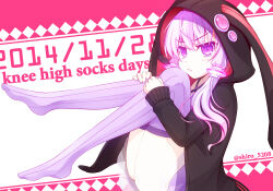 Rule 34 | 1girl, ahoge, animal ear hood, animal ears, argyle, argyle background, argyle clothes, ass, black hood, black sleeves, blush stickers, bra, closed mouth, commentary request, dated, embarrassed, english text, eyelashes, fake animal ears, feet, frilled skirt, frills, frown, full body, hair ornament, hair over shoulder, hood, hood up, hooded jacket, hugging own legs, jacket, long hair, long sleeves, looking at viewer, low twintails, miniskirt, no shoes, open clothes, open jacket, over-kneehighs, pink background, pink hood, purple bra, purple eyes, purple hair, purple skirt, purple socks, rabbit ears, shiroino (shirayuki mutsuki), single blush sticker, skirt, sleeves past wrists, socks, solo, striped clothes, striped socks, thighhighs, twintails, twitter username, two-sided hood, two-tone background, underwear, v-shaped eyebrows, vertical-striped clothes, vertical-striped socks, vocaloid, voiceroid, wavy mouth, white background, yuzuki yukari