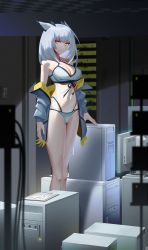 Rule 34 | 1girl, arknights, bare shoulders, bikini, blue jacket, breasts, cleavage, computer, computer tower, grey bikini, highleg, highleg bikini, highres, indoors, jacket, large breasts, long sleeves, looking at viewer, multi-strapped bikini, navel, northman, off shoulder, open clothes, open jacket, orange eyes, ptilopsis (arknights), short hair, silver hair, solo, standing, stomach, swimsuit, thighs