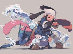 Rule 34 | 1girl, akari (pokemon), black hair, blue eyes, closed mouth, commentary request, creatures (company), galaxy expedition team survey corps uniform, game freak, gen 6 pokemon, greninja, grey background, head scarf, holding, holding poke ball, long hair, long sleeves, looking at viewer, nintendo, poke ball, poke ball (legends), pokemon, pokemon (creature), pokemon legends: arceus, ponytail, red scarf, scarf, shimazaki1152, sidelocks, simple background, standing, torn clothes, torn scarf, water