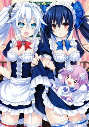 Rule 34 | 3girls, absurdres, alternate costume, apron, bare shoulders, black hair, black heart (neptunia), blue eyes, blush, breasts, bright pupils, center frills, character doll, chou megami shinkou noire gekishin black heart, cleavage, clothes lift, cowboy shot, day, detached collar, dress, dress lift, enmaided, frilled legwear, frills, garter straps, hair between eyes, hair ornament, highres, indoors, lifted by self, long hair, looking at viewer, maid, maid apron, maid headdress, medium breasts, multiple girls, neptune (neptunia), neptune (series), noire (neptunia), official art, open mouth, power symbol-shaped pupils, puffy sleeves, red eyes, ribbon, smile, standing, surprised, symbol-shaped pupils, thighhighs, tsunako, twintails, very long hair, waist apron, white hair, white legwear