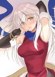 Rule 34 | 1girl, armpits, blush, bracelet, fire emblem, fire emblem: radiant dawn, half updo, hand on own chin, highres, jewelry, long hair, looking at viewer, micaiah (fire emblem), nintendo, shiyo yoyoyo, simple background, smile, solo, white background, white hair
