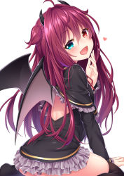 Rule 34 | 1girl, :d, absurdres, ahoge, arm support, ass, backless dress, backless outfit, black capelet, black dress, black thighhighs, blue eyes, blush, brown wings, capelet, commentary request, demon girl, demon horns, demon wings, dress, fang, fingernails, frilled capelet, frilled dress, frills, hair between eyes, hair intakes, hand up, head tilt, heart, heterochromia, highres, horns, leaning forward, long hair, long sleeves, looking at viewer, looking back, neck ribbon, nijisanji, open mouth, red eyes, red hair, red ribbon, ribbon, sitting, smile, solo, suspenders, thighhighs, two side up, very long hair, virtual youtuber, wakagi repa, wariza, white background, wings, yuzuki roa