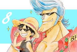 Rule 34 | 2boys, aged down, artist name, black hair, black shirt, blue background, border, child, cyborg, floral print, franky (one piece), hanakotoba28, highres, letterboxed, male focus, monkey d. luffy, multiple boys, one piece, outside border, pompadour, red shirt, scar, scar on face, shirt, short hair, sideburns, sleeveless, sleeveless shirt, smile, star (symbol), stitched neck, stitched torso, stitches, sunglasses, time paradox, v-shaped eyebrows, white border