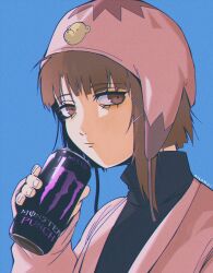 Rule 34 | 1girl, artist name, beanie, black sweater, blue background, blunt bangs, brown eyes, brown hair, can, closed mouth, commentary, drink can, english commentary, english text, expressionless, hair ornament, hat, highres, holding, holding can, iwakura lain, jacket, long sleeves, looking at viewer, monster energy, pink hat, pink jacket, serial experiments lain, short hair, simple background, soda can, soggyworms, solo, sweater, turtleneck, upper body, x hair ornament