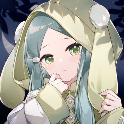 Rule 34 | 1girl, :&lt;, animal ears, animal hood, blush, closed mouth, commentary request, crying, crying with eyes open, duel monster, eta, evening crescent &amp; autumn shower, fake animal ears, green eyes, green hair, green robe, head tilt, hood, hood up, hooded robe, long hair, long sleeves, parted bangs, rabbit ears, rabbit hood, robe, sleeves past wrists, solo, tears, upper body, wide sleeves, yu-gi-oh!