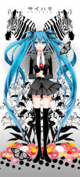 Rule 34 | 1girl, absurdly long hair, anniversary, aqua eyes, aqua hair, artist name, artist request, bad id, bad pixiv id, birthday, black cardigan, black footwear, black jacket, black necktie, black ribbon, black thighhighs, blue eyes, blue hair, breasts, bug, butterfly, cardigan, cocoon (loveririn), collared shirt, female focus, floating hair, flower, formal, full body, hair ribbon, happy birthday, hatsune miku, holding, holding flower, insect, jacket, long hair, long sleeves, miniskirt, necktie, parted lips, plaid, plaid skirt, pleated, pleated skirt, red flower, ribbon, saihate (vocaloid), shirt, shoes, skirt, skirt suit, small breasts, smile, solo, standing, suit, thighhighs, twintails, very long hair, vocaloid, white shirt, zebra, zettai ryouiki