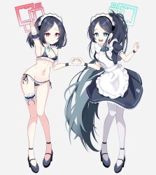 Rule 34 | &lt;key&gt; (blue archive), 2girls, absurdly long hair, absurdres, apron, aris (blue archive), aris (maid) (blue archive), bikini, black bikini, black dress, black footwear, black hair, blue archive, blue eyes, blue halo, breasts, closed mouth, commentary, dress, english commentary, frilled apron, frills, full body, grey background, halo, highres, long hair, maid, maid apron, maid bikini, maid headdress, multiple girls, official alternate costume, open mouth, pantyhose, red eyes, red halo, shoes, short hair, short sleeves, simple background, small breasts, smile, swimsuit, tia (4017342), unconventional maid, very long hair, white apron, white pantyhose