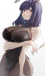 Rule 34 | 1girl, animal ears, arm under breasts, bare shoulders, black hair, black leotard, blue eyes, blush, bodystocking, breast hold, breasts, champagne flute, cleavage, closed mouth, covered navel, cowboy shot, cup, drinking glass, fake animal ears, fake tail, highres, holding, holding cup, large breasts, leotard, looking at viewer, mejiro yae, original, playboy bunny, rabbit ears, rabbit tail, short hair, simple background, solo, tail, v-shaped eyebrows, white background