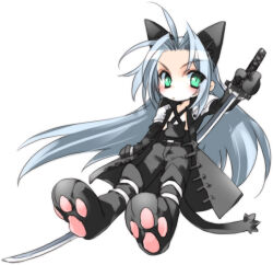 Rule 34 | 1boy, ahoge, animal ears, arm up, armor, belt, black belt, black coat, black footwear, black fur, black pants, blush, cat boy, cat ears, cat tail, chest strap, chibi, coat, expressionless, final fantasy, final fantasy vii, full body, gloves, green eyes, grey hair, holding, holding sword, holding weapon, katana, kemonomimi mode, long coat, long hair, long sleeves, looking to the side, male focus, masamune (ff7), open clothes, open coat, pants, parted bangs, pauldrons, paw shoes, pawpads, sephiroth, shoulder armor, simple background, slit pupils, solo, sword, tail, third-party source, toujou sakana, very long hair, weapon, white background