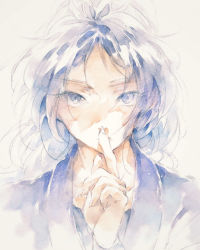 Rule 34 | 1boy, blue eyes, blue hair, blue theme, closed mouth, covering own mouth, dossei, finger to mouth, hand over own mouth, hand up, highres, index finger raised, japanese clothes, kukuchi heisuke, long hair, looking at viewer, male focus, portrait, rakudai ninja rantarou, shushing, simple background, solo, straight-on, traditional media