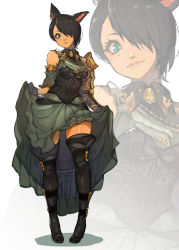 Rule 34 | :o, animal ears, armor, warrior of light (ff14), belt, black hair, blue eyes, boots, clothes lift, corset, dark skin, dress, dress lift, final fantasy, final fantasy xiv, freckles, hair over one eye, halterneck, hide (hideout), highres, lips, miqo&#039;te, pauldrons, shoulder armor, smile, thigh boots, thighhighs, white background