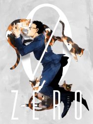 Rule 34 | 1boy, animal, artist name, black hair, calico, cat, character name, copyright name, dame (dame ice), dated, english text, formal, glasses, holding, holding animal, holding cat, kazami yuuya, male focus, meitantei conan, multiple cats, solo, suit, sweatdrop