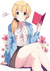 Rule 34 | 1girl, bare legs, blonde hair, blue jacket, blush, book, bow, bowtie, brown hair, caidychen, character name, ellen baker, flower, green eyes, hair ornament, hair scrunchie, holding, holding book, jacket, legs, crossed legs, long hair, looking at viewer, low ponytail, new horizon, pencil skirt, scrunchie, shirt, sitting, skirt, smile, solo, thighs, white shirt