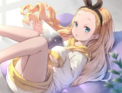 Rule 34 | 1girl, artist name, black hairband, blonde hair, blue eyes, commentary request, cushion, hairband, holding, jacket, khell, kurumi (lycoris recoil), legs, long hair, long sleeves, looking at viewer, lycoris recoil, lying, on back, sleeves past fingers, sleeves past wrists, solo, white jacket