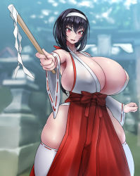 1girl black_hair blurry blurry_background blush breasts cleavage covered_erect_nipples detached_sleeves female_focus gohei hairband hakama hakama_skirt hand_up hip_vent holding huge_breasts japanese_clothes legs long_hair looking_at_viewer miko open_mouth original outdoors red_eyes red_hakama shrine skirt smile solo standing teeth thick_thighs thighhighs thighs upper_teeth_only white_hairband wide_sleeves yagimayu