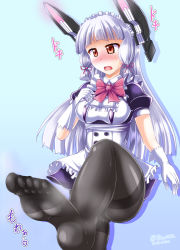 Rule 34 | 10s, 1girl, adapted costume, alternate costume, apron, bad anatomy, bad feet, black pantyhose, blunt bangs, blush, breasts, buttons, dress, enmaided, feet, frills, gloves, hair ribbon, hand on own chest, headgear, highres, kantai collection, long hair, maid, maid apron, maid headdress, medium breasts, murakumo (kancolle), murakumo kai ni (kancolle), nyx (mebius no wa), open mouth, orange eyes, pantyhose, poorly drawn, puffy short sleeves, puffy sleeves, ribbon, short sleeves, sidelocks, silver hair, simple background, smell, soles, solo, sweat, thighband pantyhose, toes, tress ribbon, twitter username, white gloves