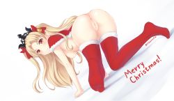 Rule 34 | 1girl, all fours, artist name, ass, bad id, bad pixiv id, bell, blonde hair, breasts, capelet, censored, christmas, dutch angle, ereshkigal (fate), fate/grand order, fate (series), full body, fur trim, hair bell, hair ornament, looking at viewer, looking back, medium breasts, merry christmas, nipples, pointless censoring, pussy, red capelet, red eyes, red thighhighs, rikorin, solo, thighhighs, tiara, tohsaka rin, two side up