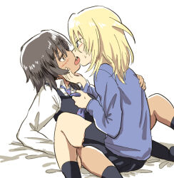 Rule 34 | 2girls, andou (girls und panzer), bc freedom school uniform, bed sheet, black hair, black skirt, black vest, blonde hair, blue cardigan, blue eyes, blush, brown eyes, cardigan, collared shirt, commentary request, dark-skinned female, dark skin, french kiss, girls und panzer, hand on another&#039;s face, hatsukaze33, kiss, long sleeves, looking at another, multiple girls, necktie, necktie grab, neckwear grab, open mouth, oshida (girls und panzer), school uniform, shirt, simple background, sitting, sitting on person, skirt, sweat, tongue, tongue out, vest, white background, white shirt, yuri