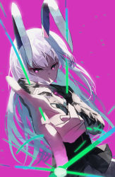 Rule 34 | 1girl, 38 (sanjuuhachi), animal ears, black jacket, closed mouth, commentary request, finger gun, foreshortening, highres, jacket, long hair, long sleeves, pink eyes, purple background, rabbit ears, reaching, reaching towards viewer, reisen udongein inaba, simple background, solo, touhou, upper body, white hair