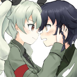 Rule 34 | 10s, 2girls, absurdres, anchovy (girls und panzer), anzio military uniform, black hair, black neckwear, black ribbon, black shirt, blush, braid, brown eyes, closed mouth, commentary request, dress shirt, drill hair, from side, girls und panzer, green hair, grey jacket, hair ribbon, hands on another&#039;s face, highres, jacket, light frown, light smile, long hair, long sleeves, looking at another, military, military uniform, multiple girls, necktie, open mouth, partial commentary, pepperoni (girls und panzer), red eyes, ribbon, shirt, short hair, side braid, simple background, twin drills, twintails, uniform, upper body, wabiushi, white background, yuri