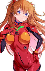 Rule 34 | 1girl, absurdres, blue eyes, bodysuit, breasts, brown hair, closed mouth, curvy, floating hair, hairpods, hand on own hip, hand up, highres, interface headset, long hair, looking at viewer, medium breasts, neon genesis evangelion, orange hair, pilot suit, plugsuit, red bodysuit, simple background, smile, solo, souryuu asuka langley, two side up, very long hair, white background, wide hips, yoshimoto (carpsukidayo)