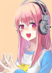 Rule 34 | 1girl, bad id, bad pixiv id, blush, breasts, halfway, headphones, large breasts, long hair, looking at viewer, nitroplus, open mouth, pink hair, red eyes, smile, solo, steepled fingers, super sonico